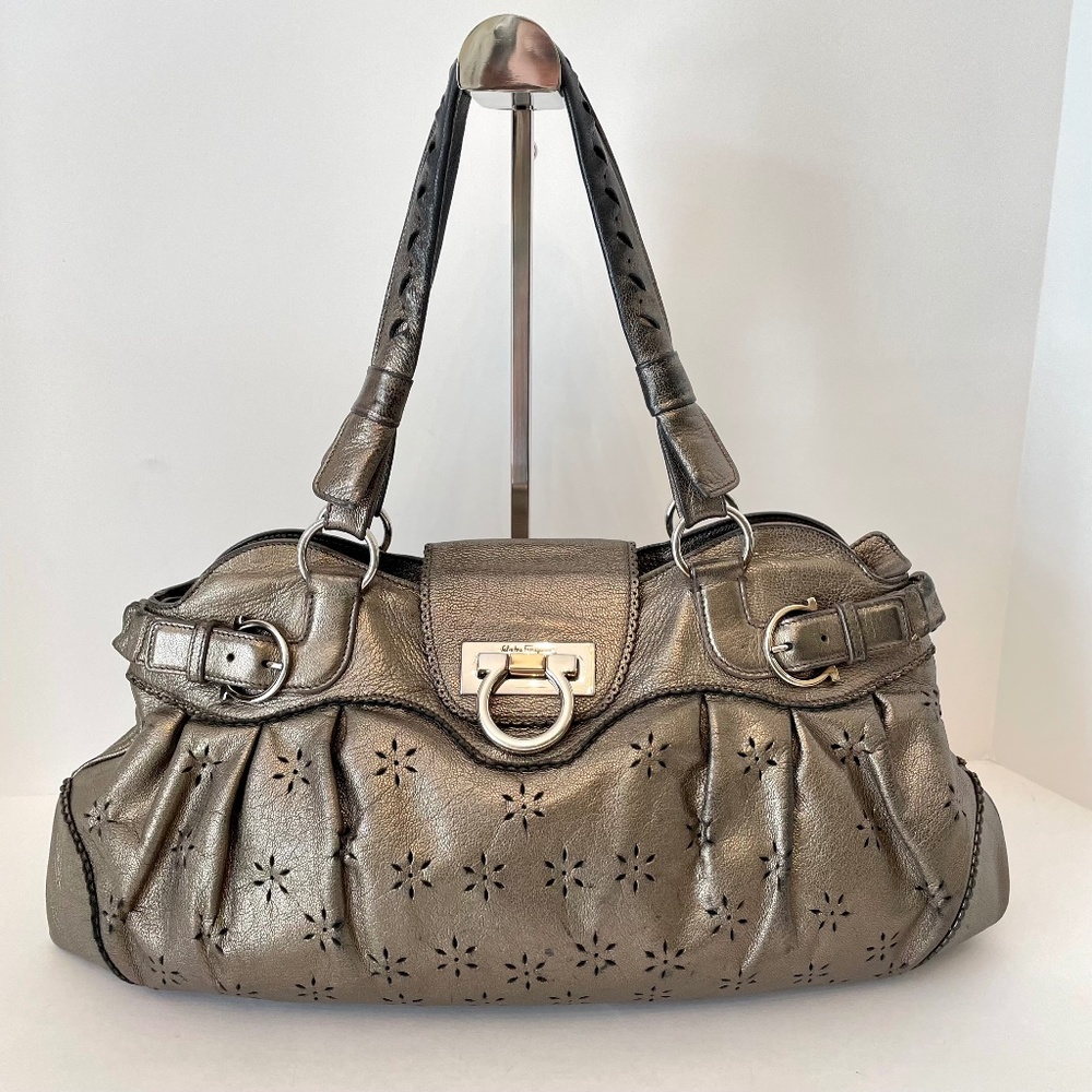 Salvatore Ferragamo Gancini Marissa Bronze Metallic Perforated Laser Cut Bag